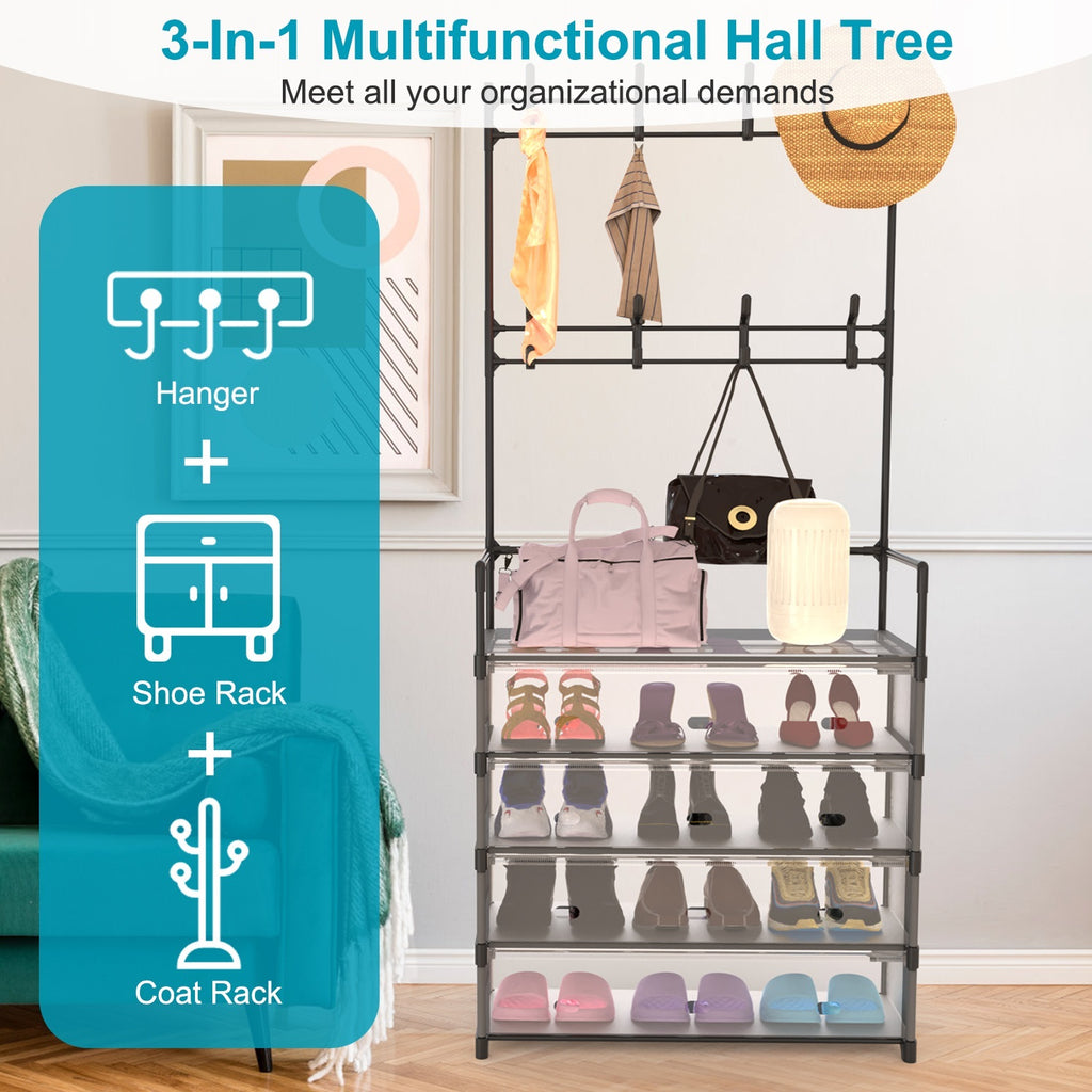 1Pc 5Tier Dustproof Entryway Hall Tree Coat Rack Shoe Rack With 8 Removable Hooks Freestanding Shoe Storage Shelf Hat Clothes Organizer For Front Door Bedroom Entryway