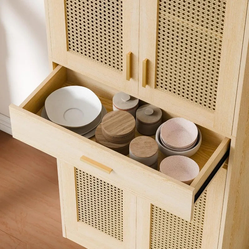 Kitchen Pantry Cabinet, 71" Tall Rattan Doors Storage Cabinet with Large Drawer and Adjustable Shelves, Freestanding