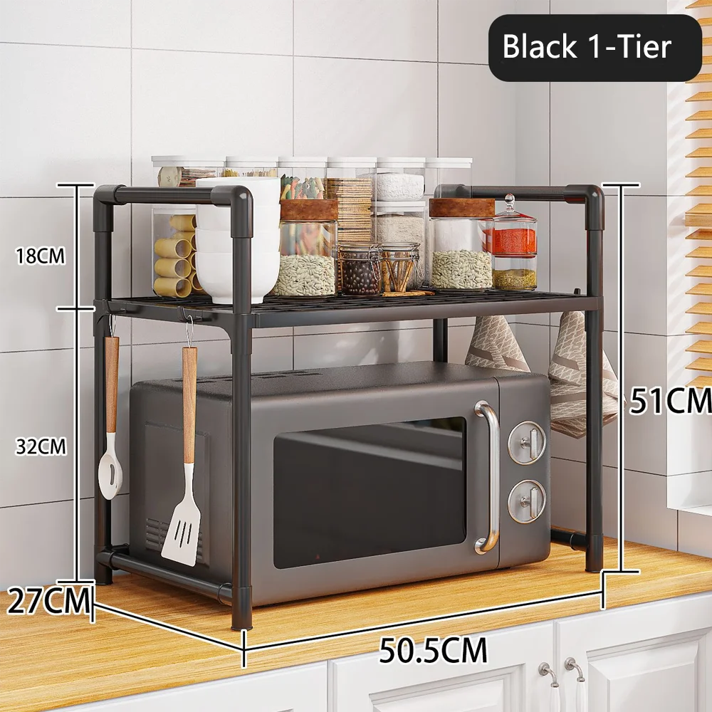 Extra Wide Microwave Stand - 2-Tier Heavy-Duty Kitchen Shelf for Oven Toaster & Spice Racks with Handrail Hooks Non-Slip