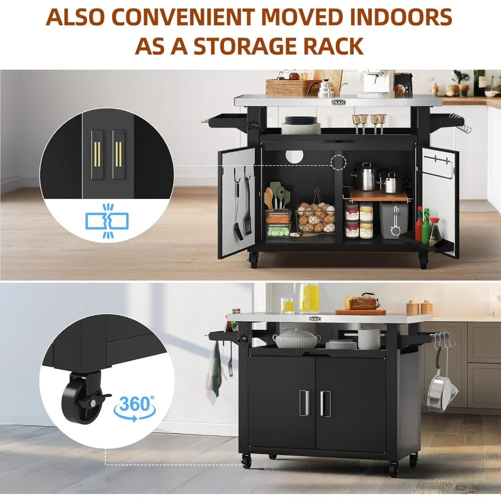 Portable Outdoor Metal Kitchen Island with Storage and Stainless Steel Prep Table on Wheels