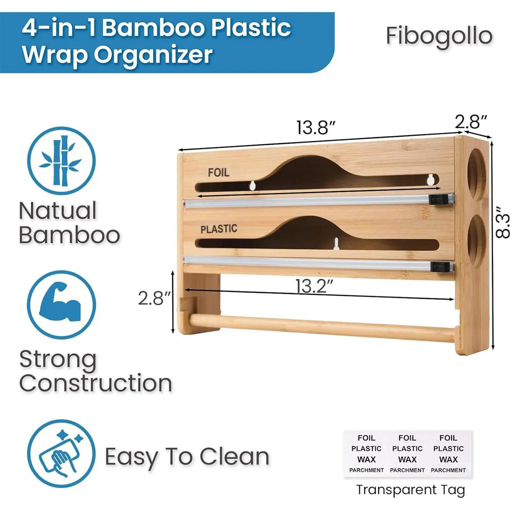 Foil Plastic Wrap Organizer Dispenser Wall Mounted Bamboo Kitchen Paper Towel Holder with Spice Shelf Kitchen Wrap Dispenser